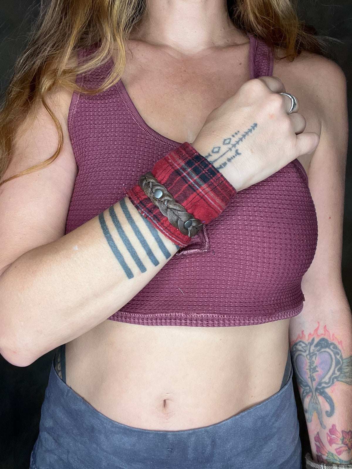 Red Plaid & Brown Leather Cuff