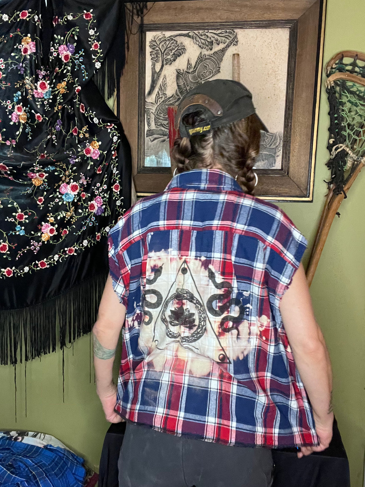 Red & Blue 'sigil' Bleached Sleeveless Flannel