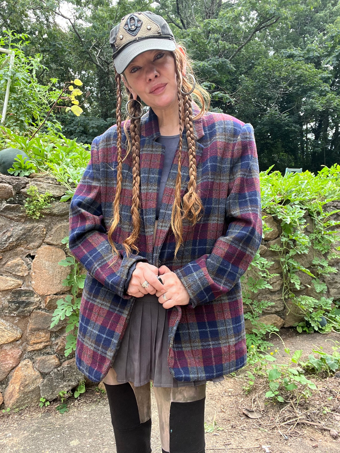 Burgundy Plaid Blazer w/ Transformation Back Patch