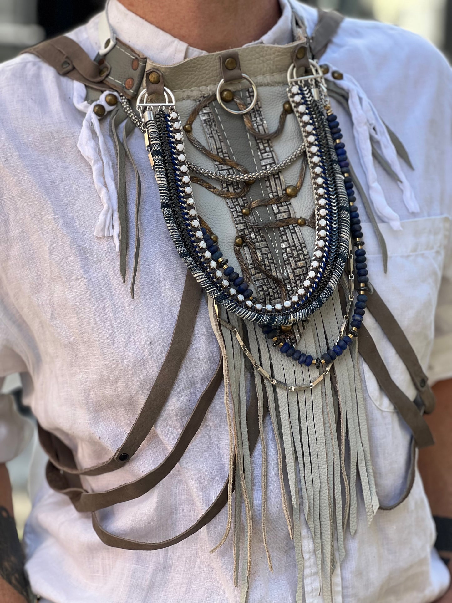 Ivory and Grey Fringe Neck Harness