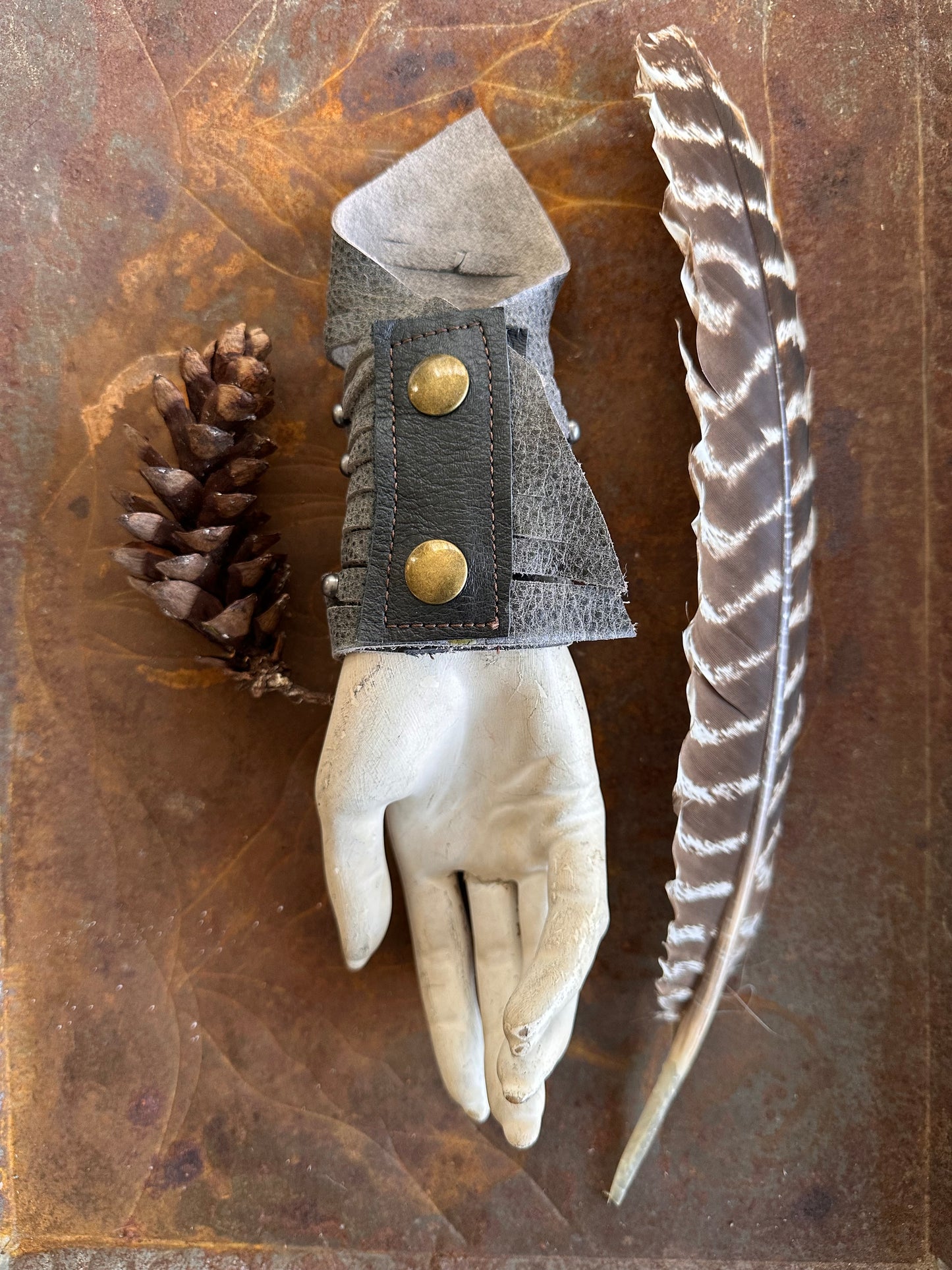 Metal Grey Leather Slashed Cuff