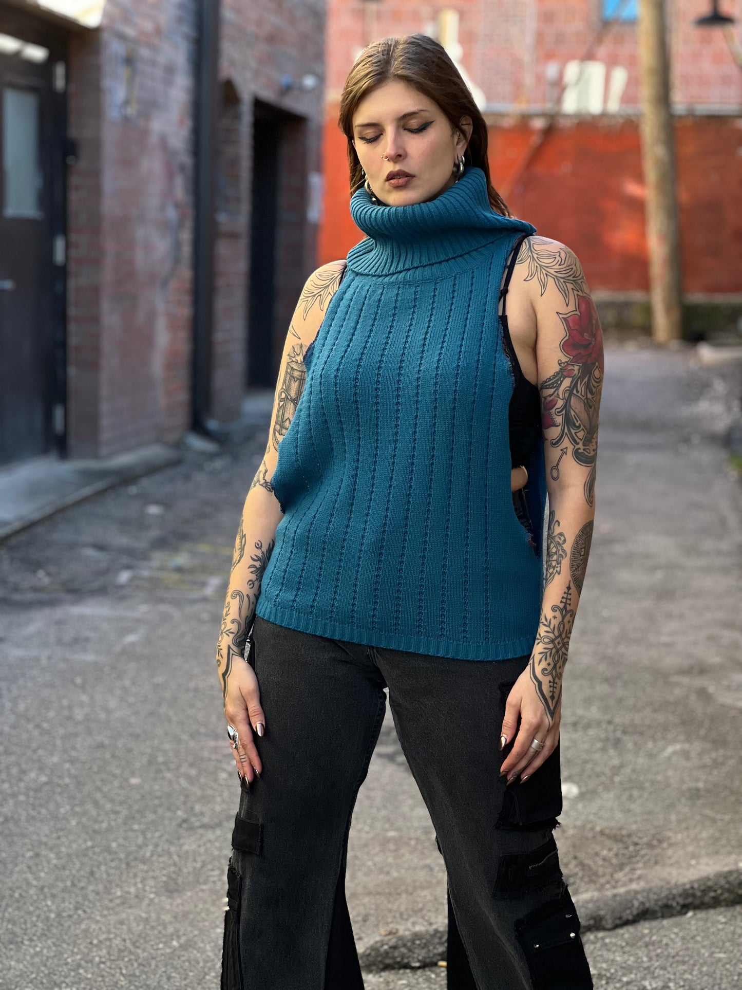 Cobalt Turtle-Neck Open Sweater