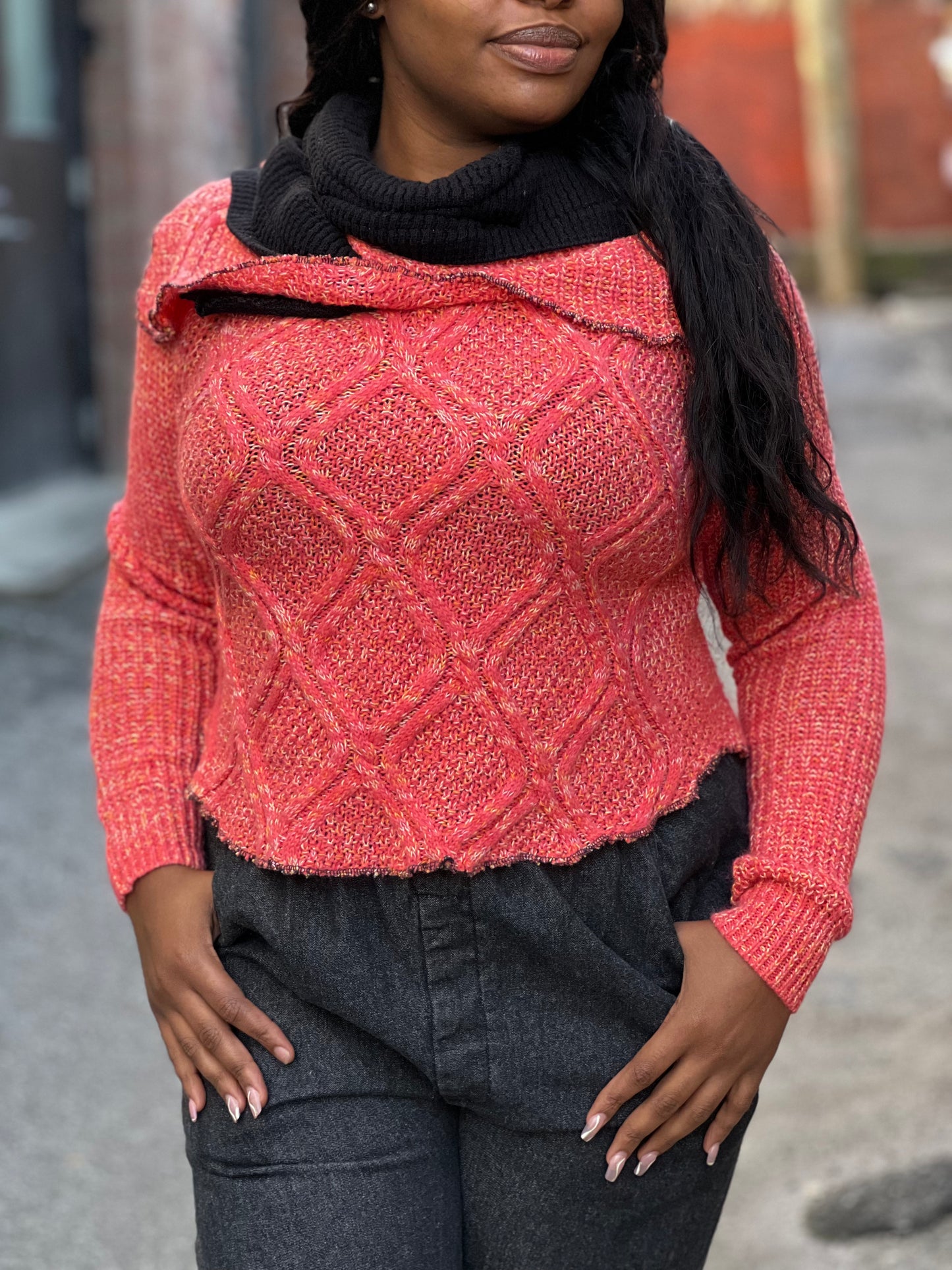 Coral Cowl Neck Crop Sweater