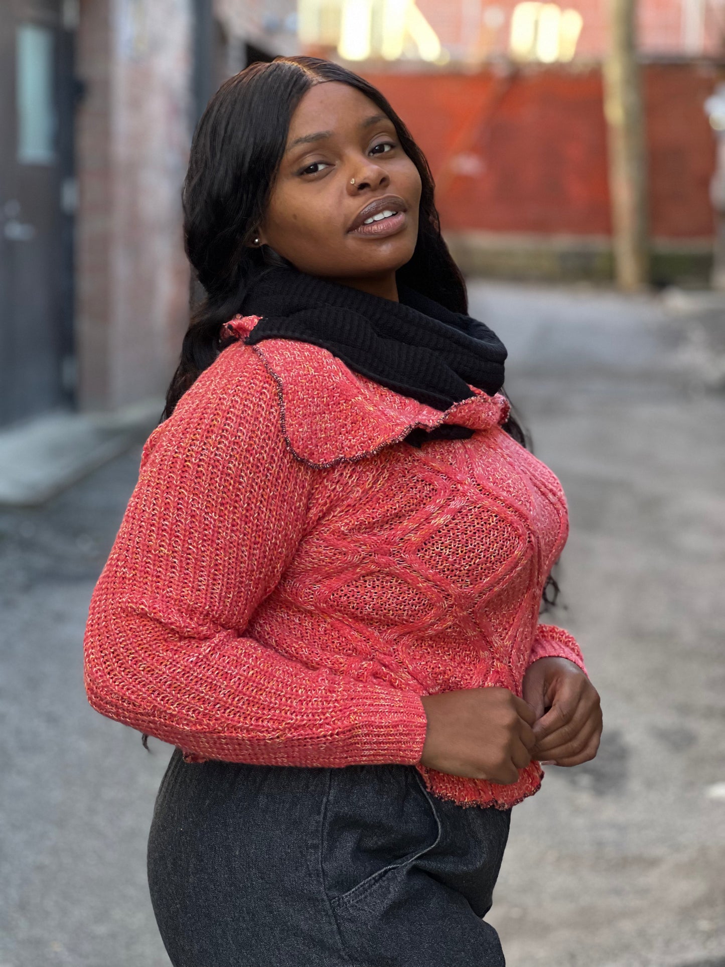 Coral Cowl Neck Crop Sweater