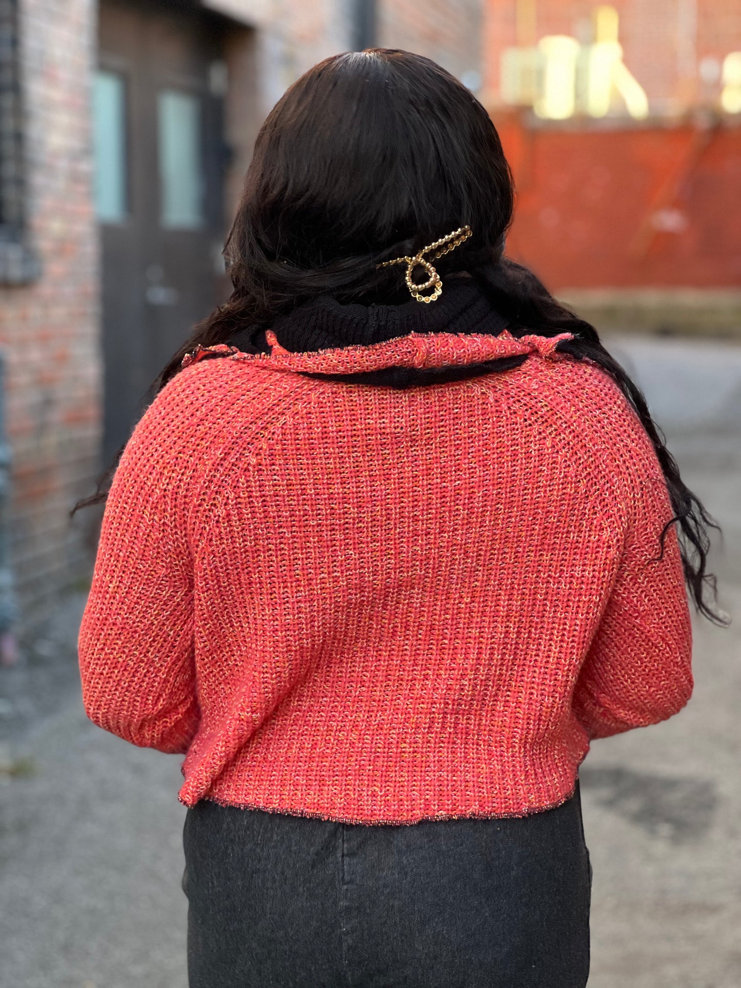 Coral Cowl Neck Crop Sweater