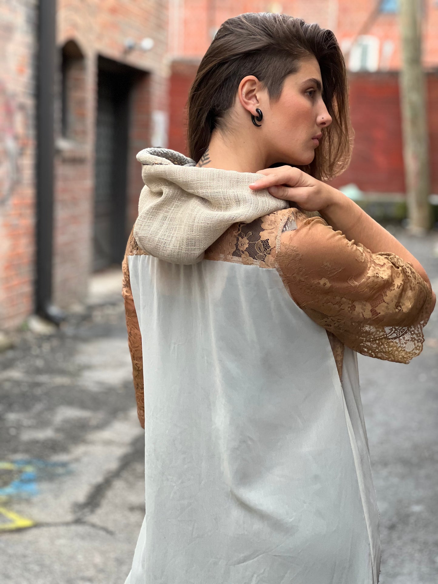 Copper & Ivory Hooded Lace Sheer Maxi Dress