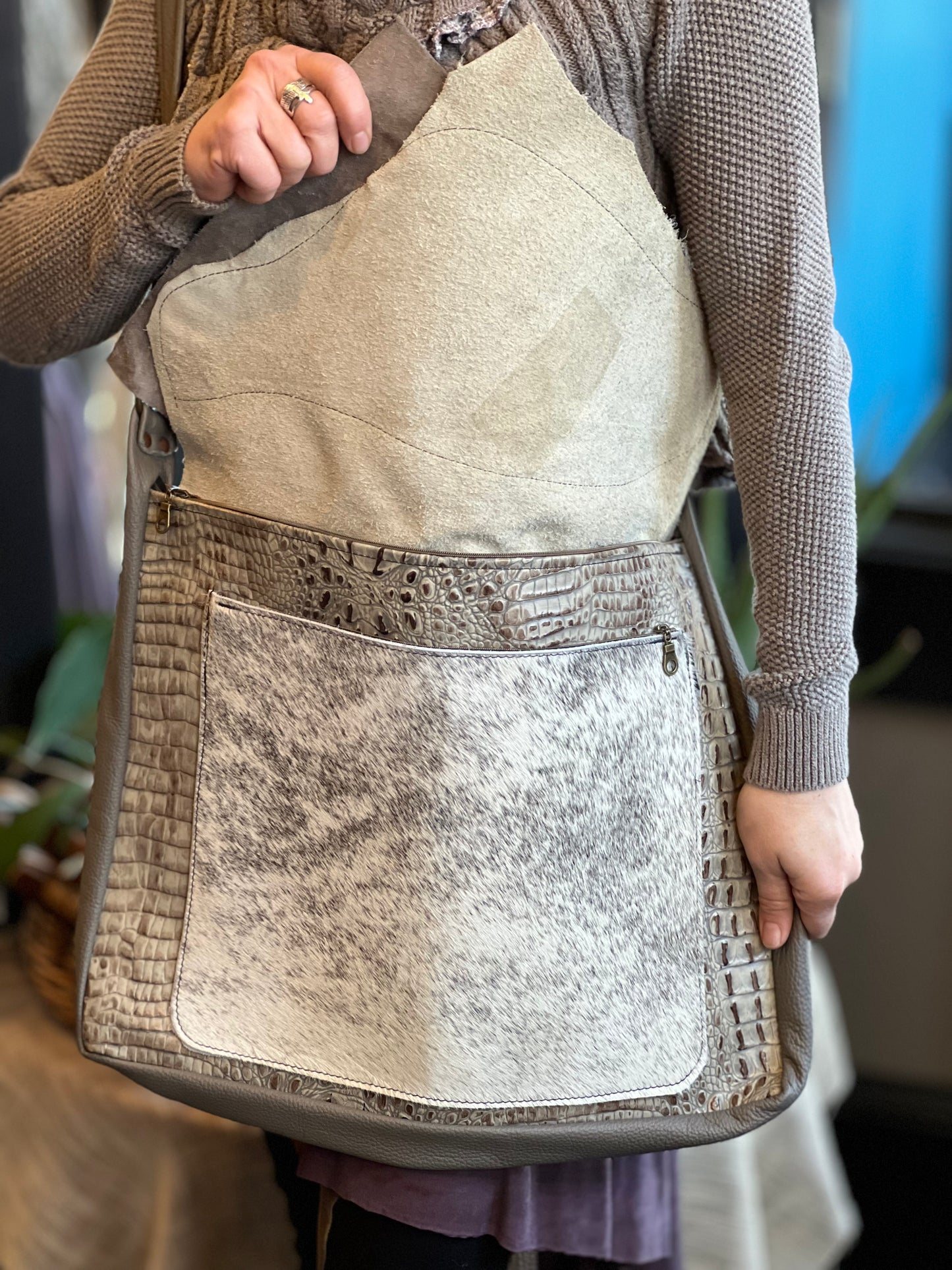 Brown Leather & Fur Messenger Bag