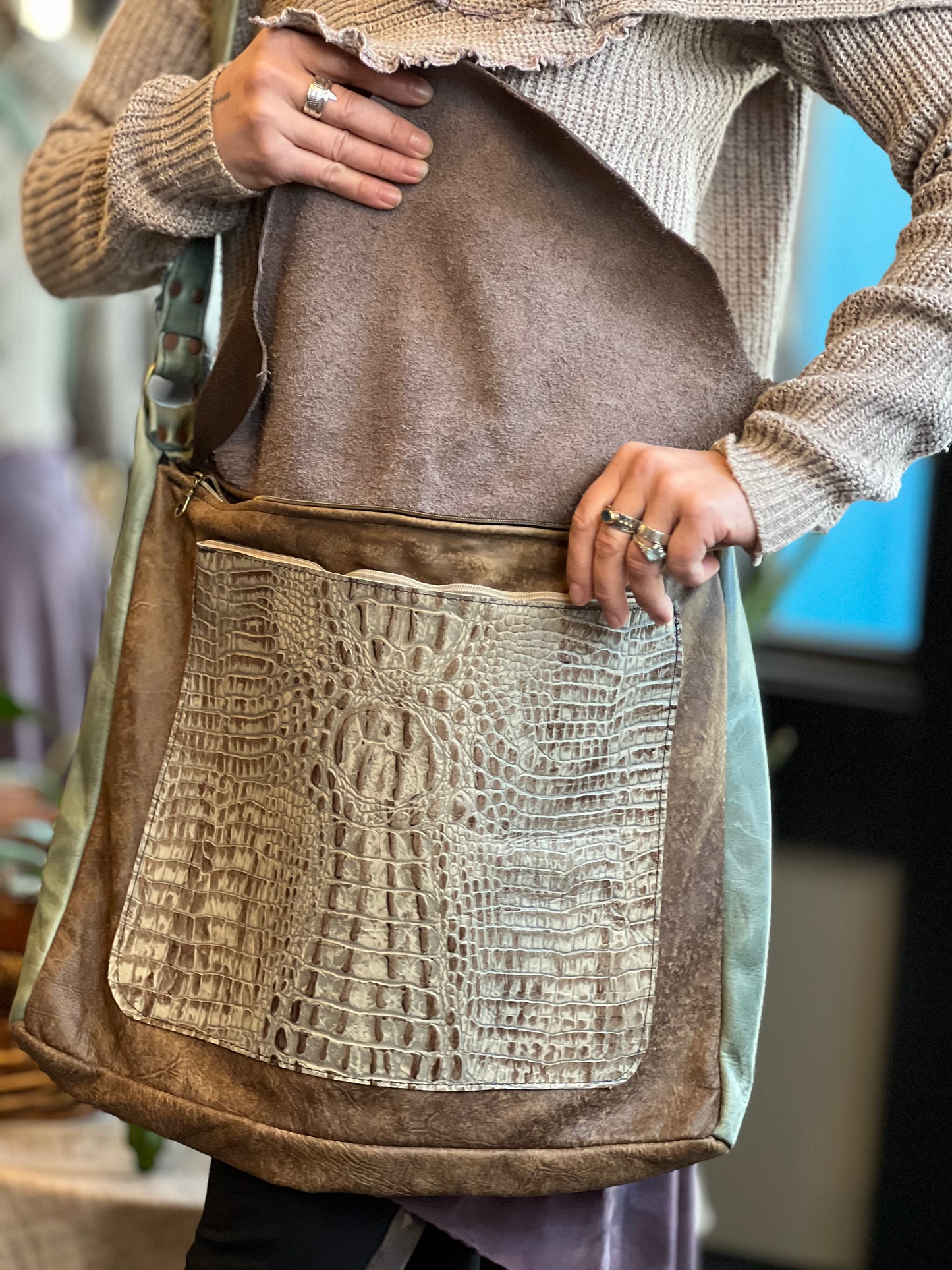 Brown Leather & Gator Messenger Bag