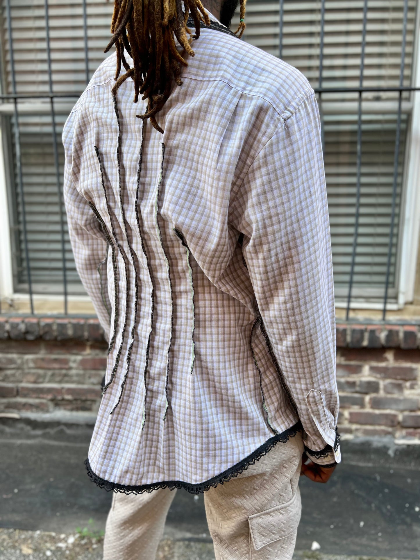 Taupe Checkered Button Down Serged Dress Shirt