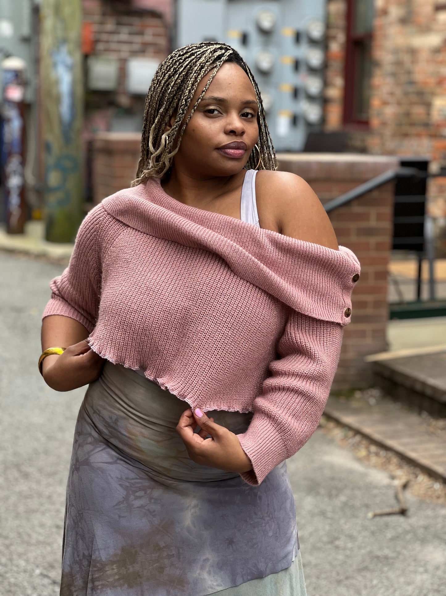 Mauve Off Shoulder Crop Sweater