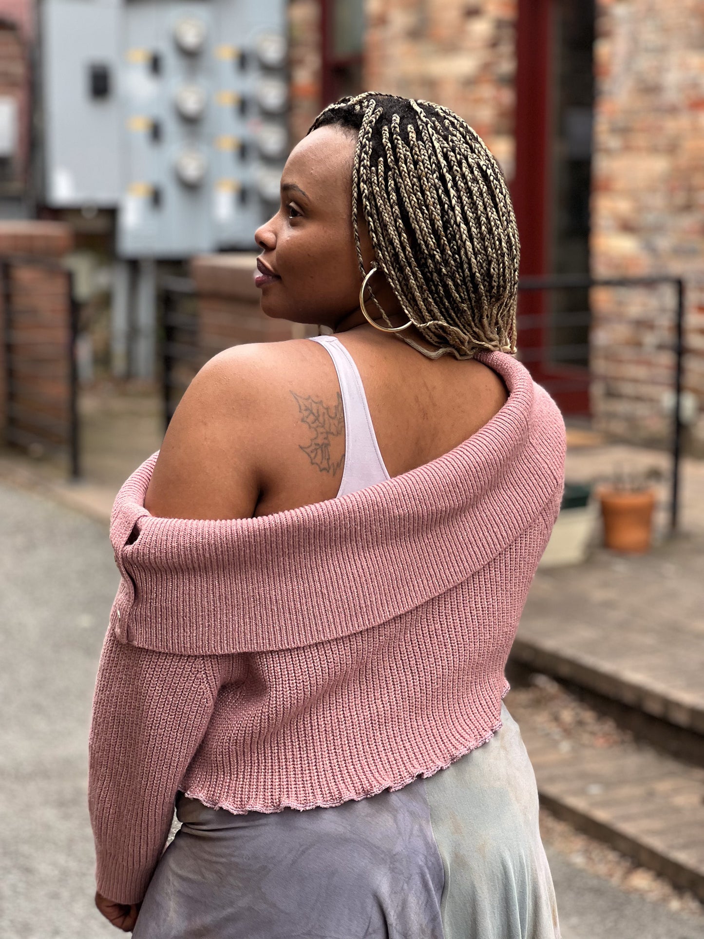 Mauve Off Shoulder Crop Sweater