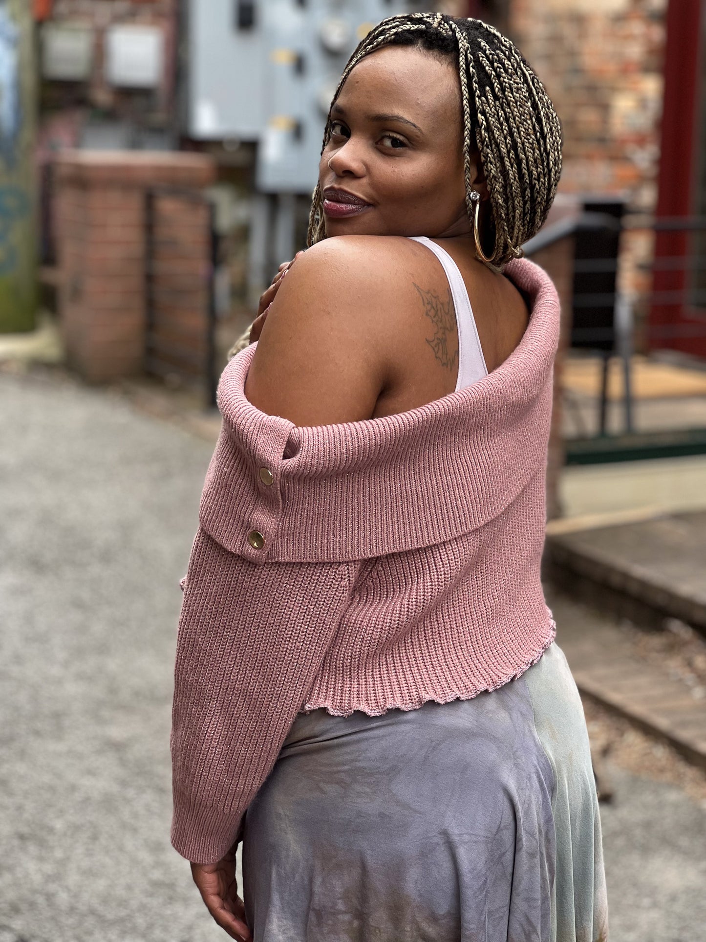 Mauve Off Shoulder Crop Sweater