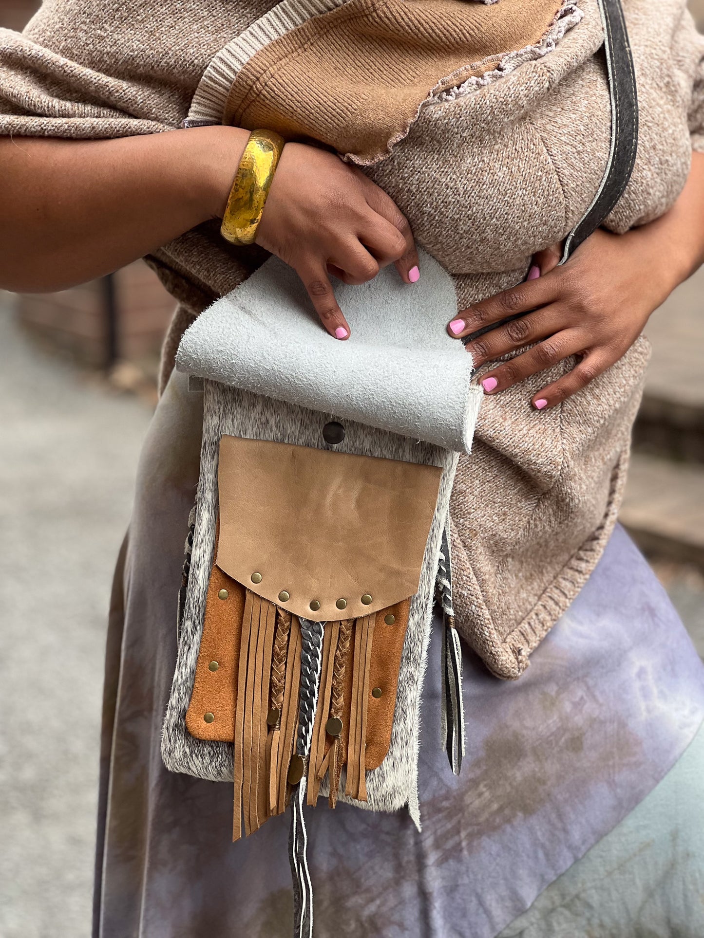 White and Grey Fur Cross-Body Purse (Long Lid)