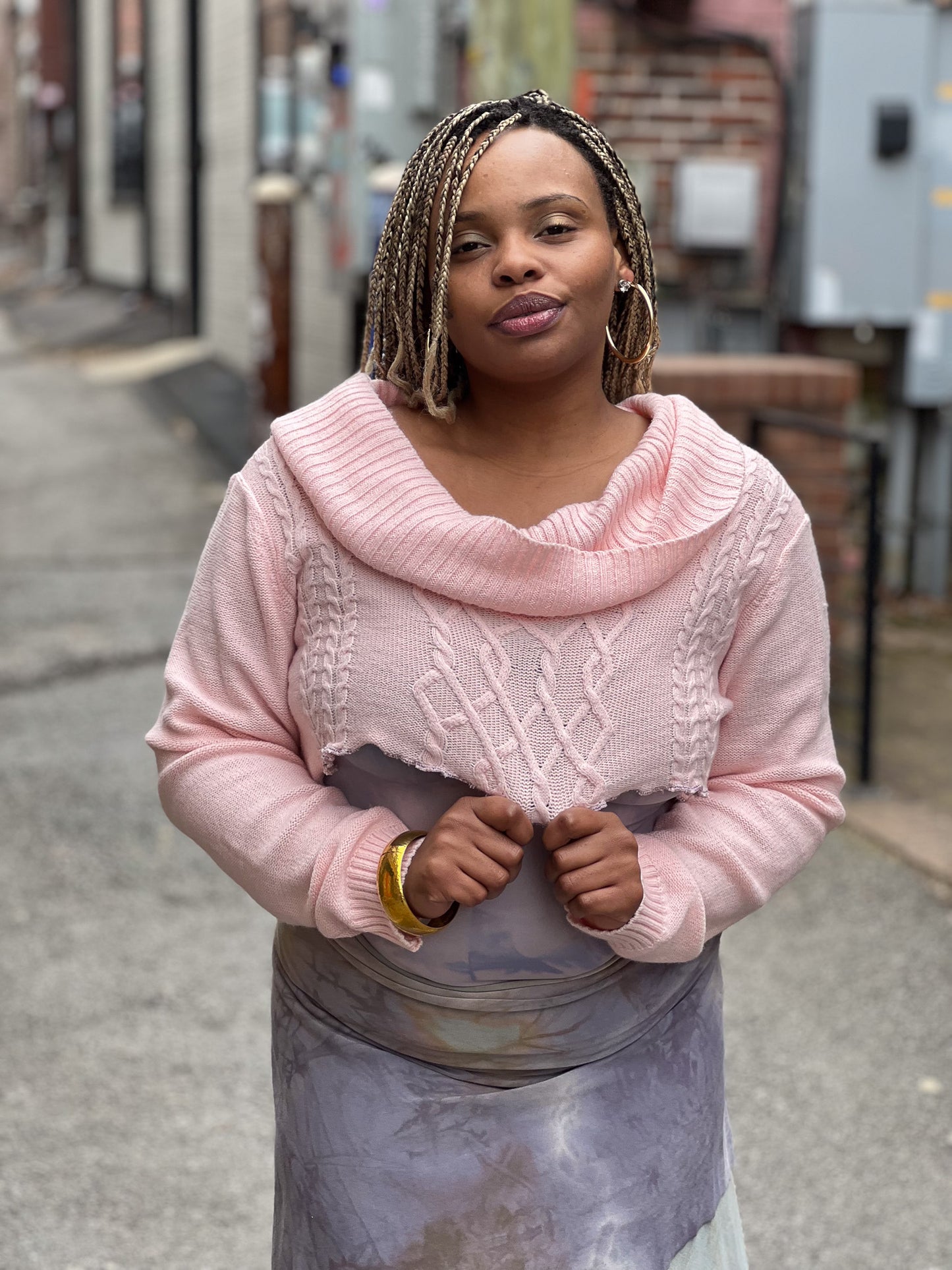Pink Pastel Cowl High Crop Sweater
