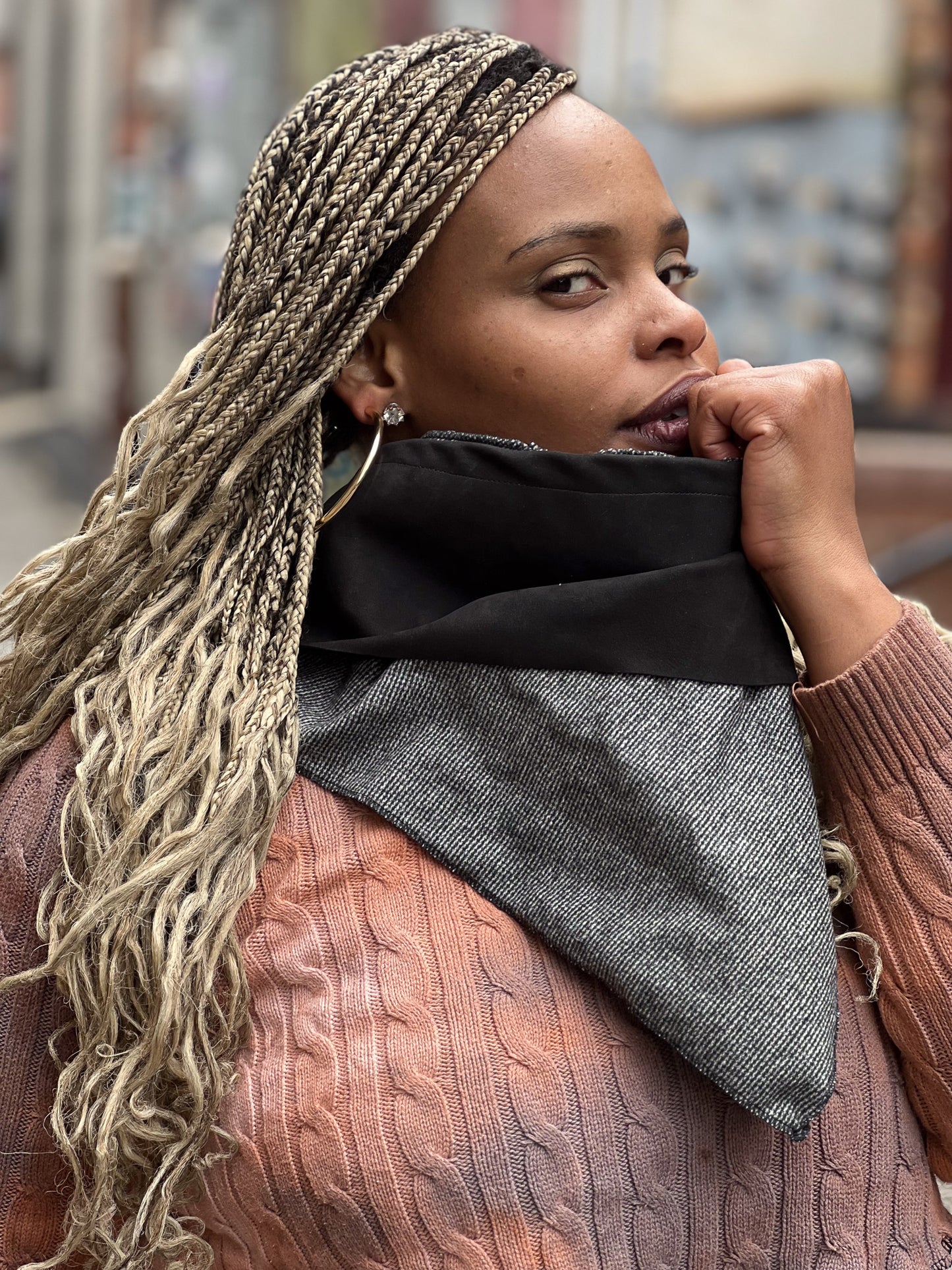 Black Leather & Grey Neck Scarf