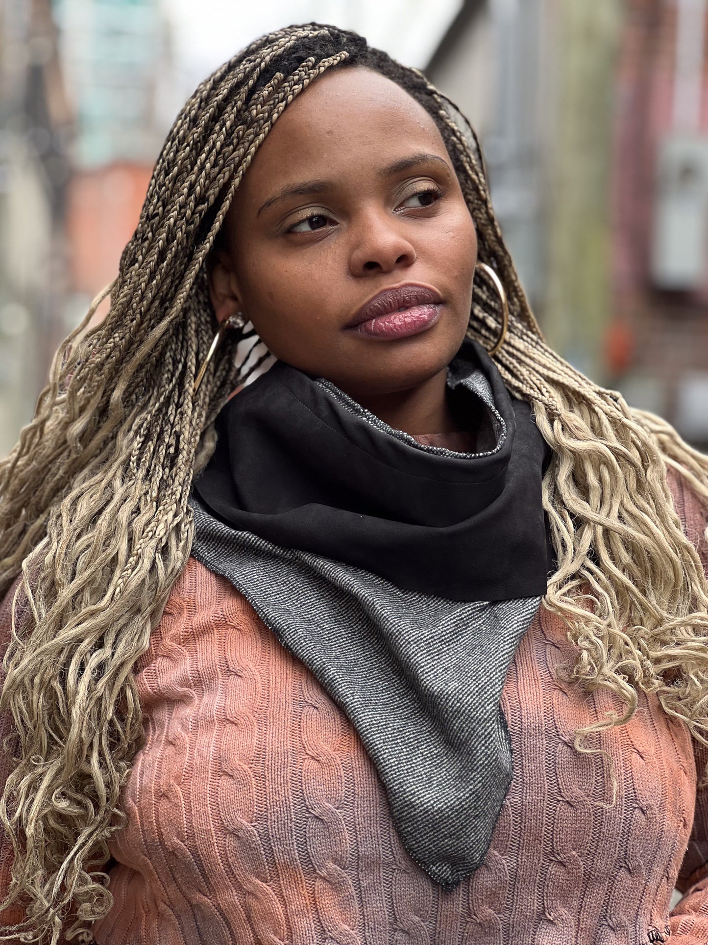 Black Leather & Grey Neck Scarf