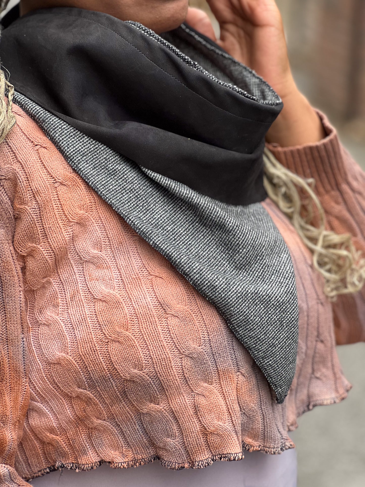 Black Leather & Grey Neck Scarf