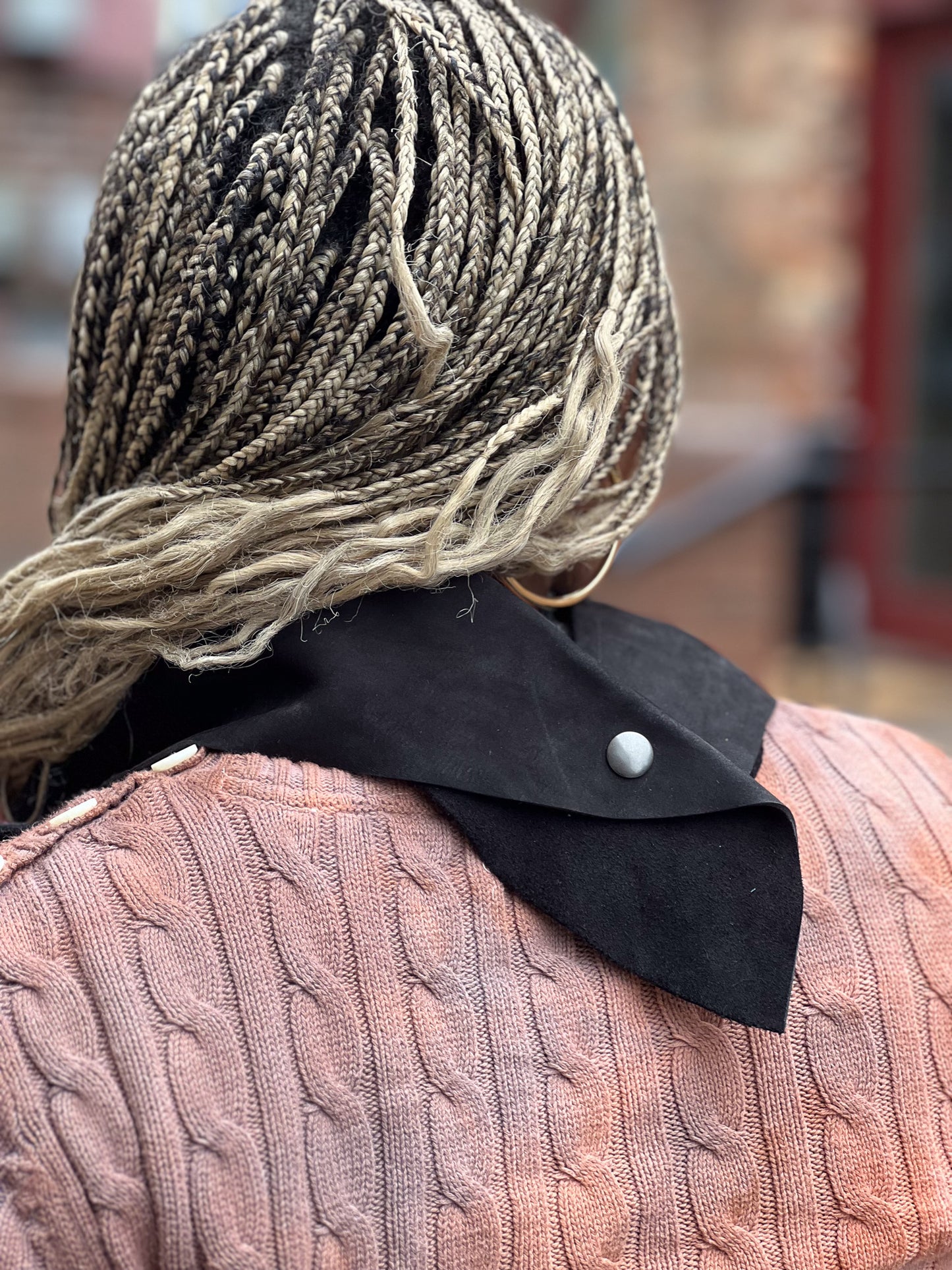Black Leather & Grey Neck Scarf