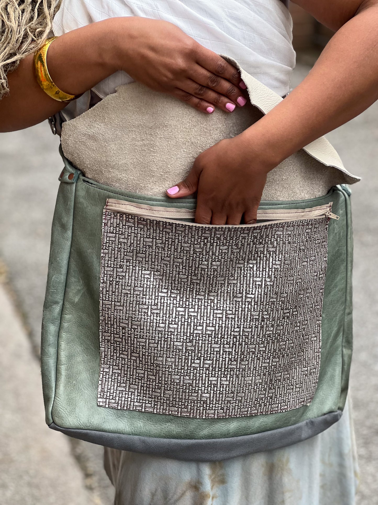 Eucalyptus & Ivory Leather Messenger Bag