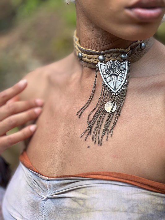 Calliope Chain & Crest Brown Leather Choker