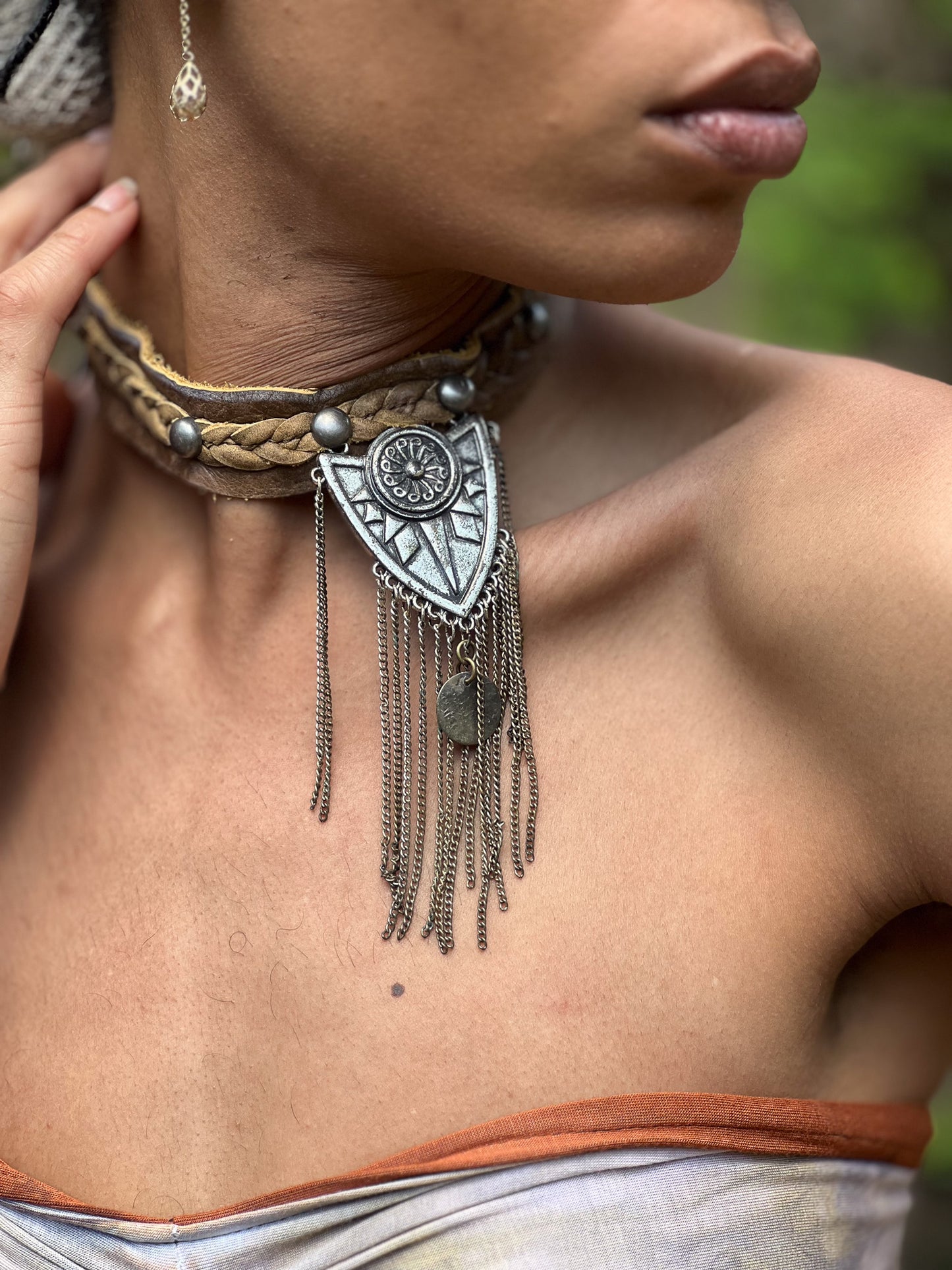 Calliope Chain & Crest Brown Leather Choker