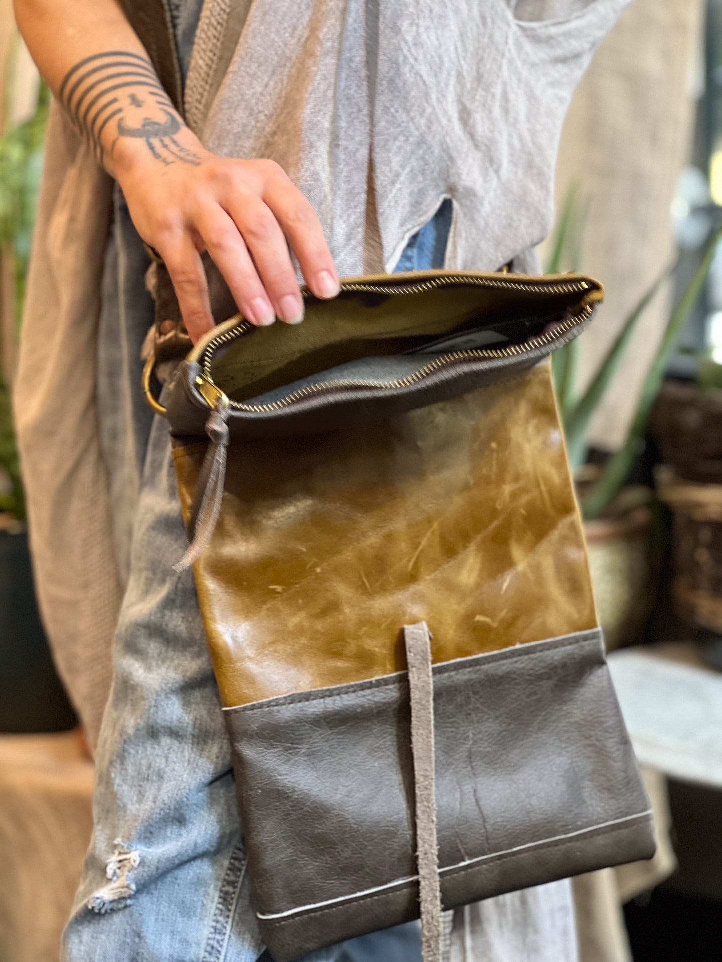 Fold Over Leather Crossbody Bag