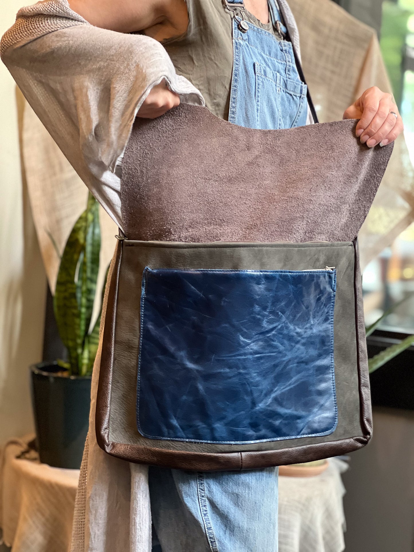 Indigo & Grey Leather Messenger Bag