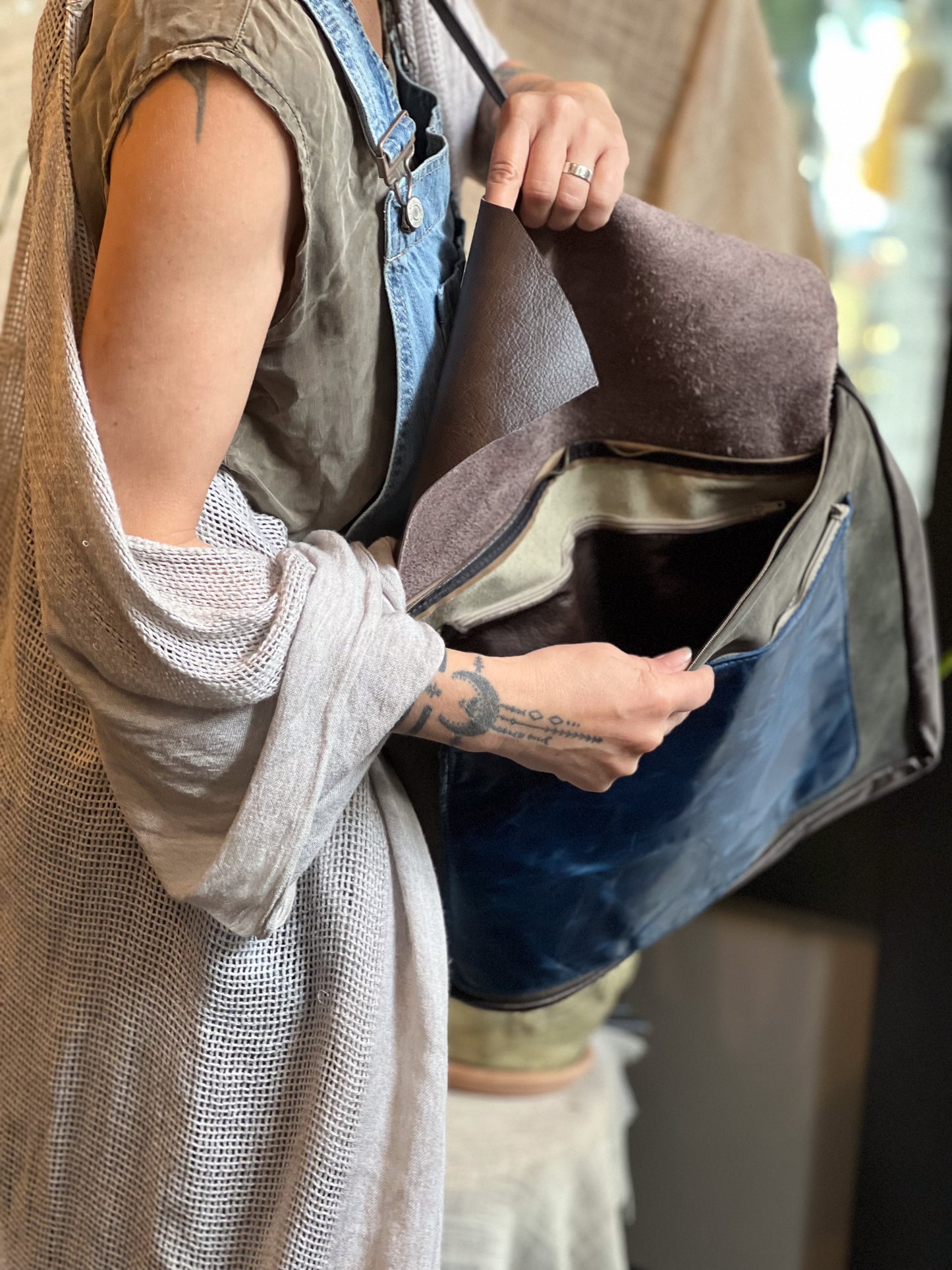 Indigo & Grey Leather Messenger Bag