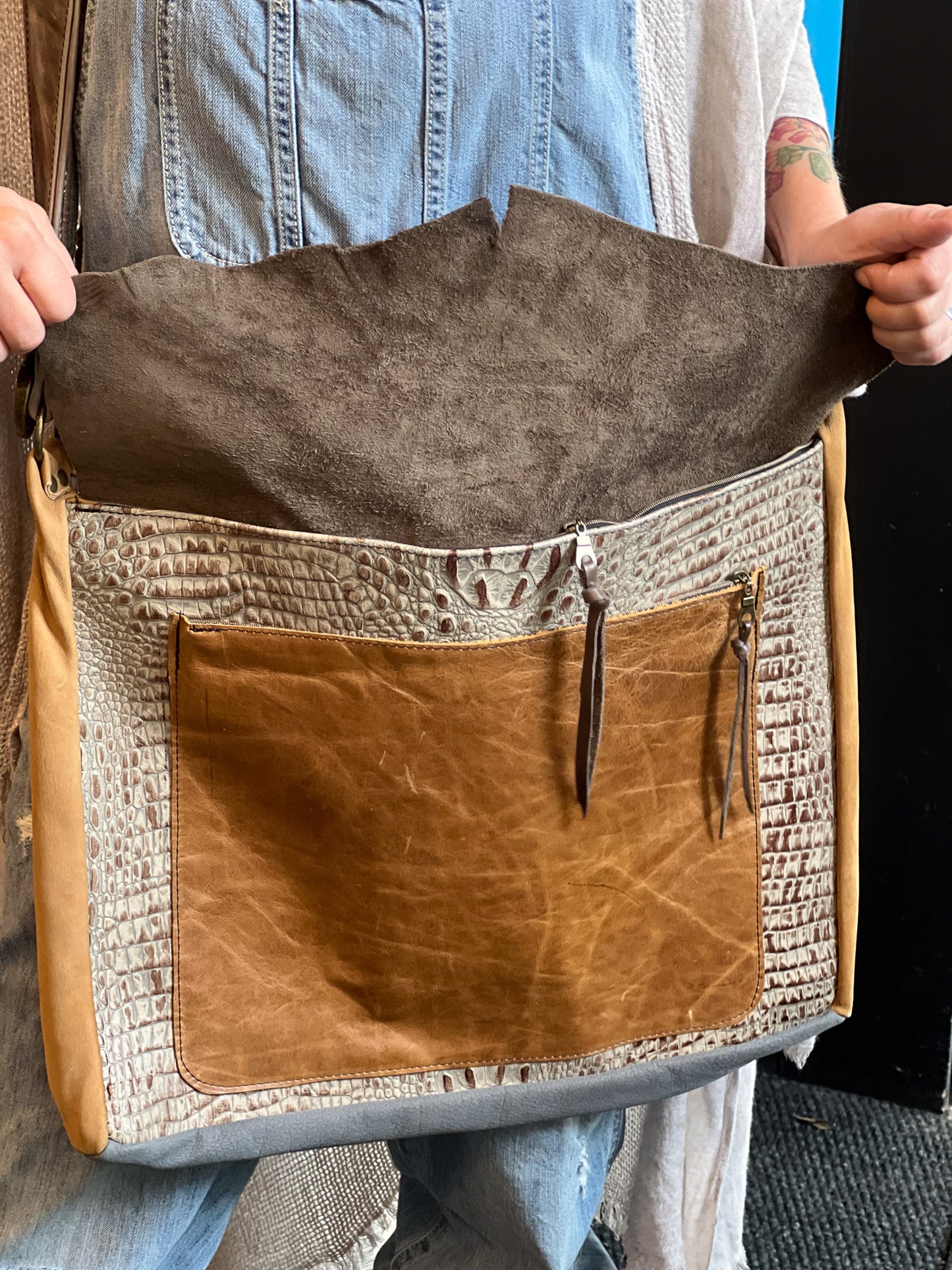 Brown & Gator Embossed Leather Messenger Bag