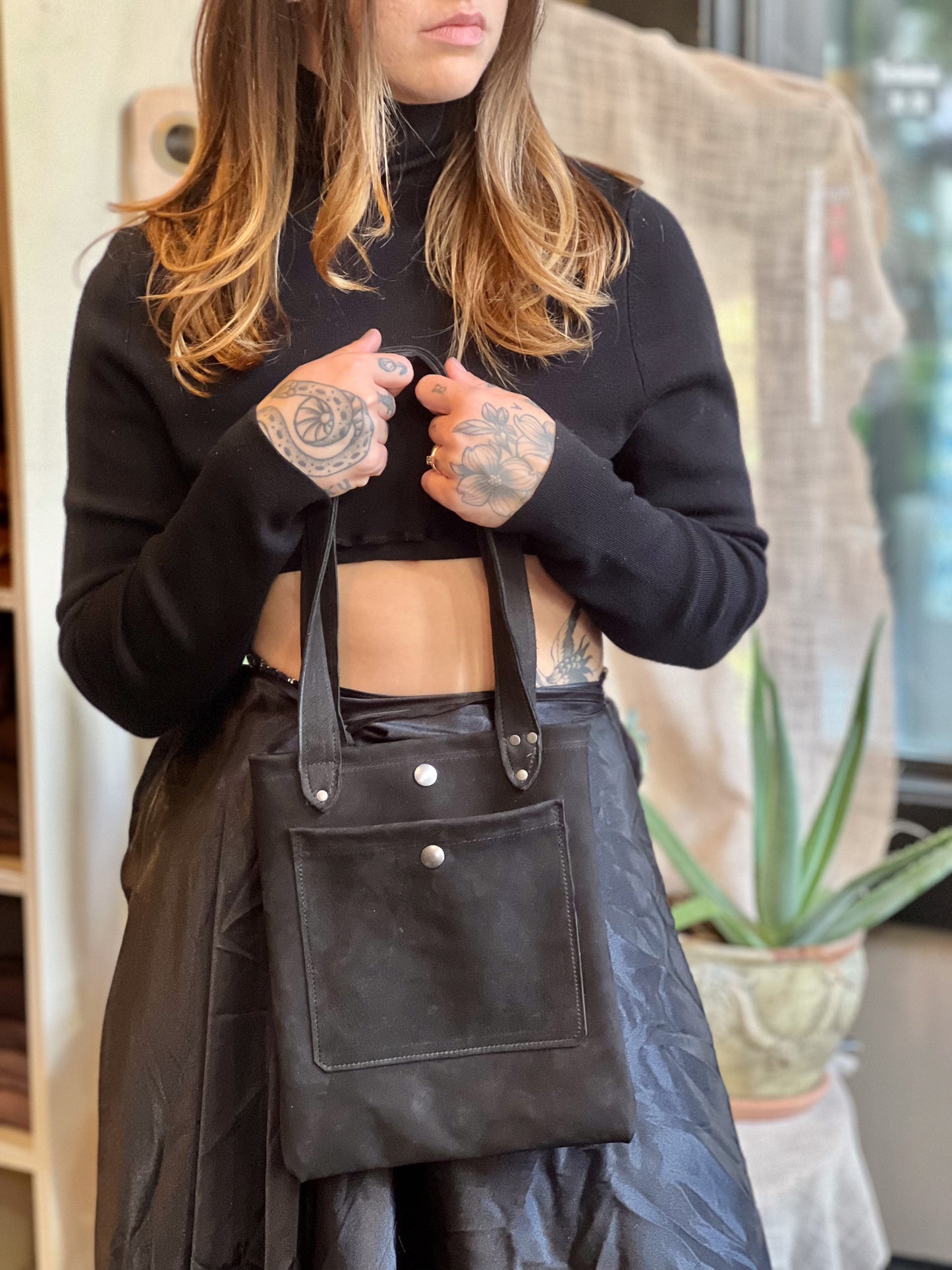 Black Suede Leather Mini Tote
