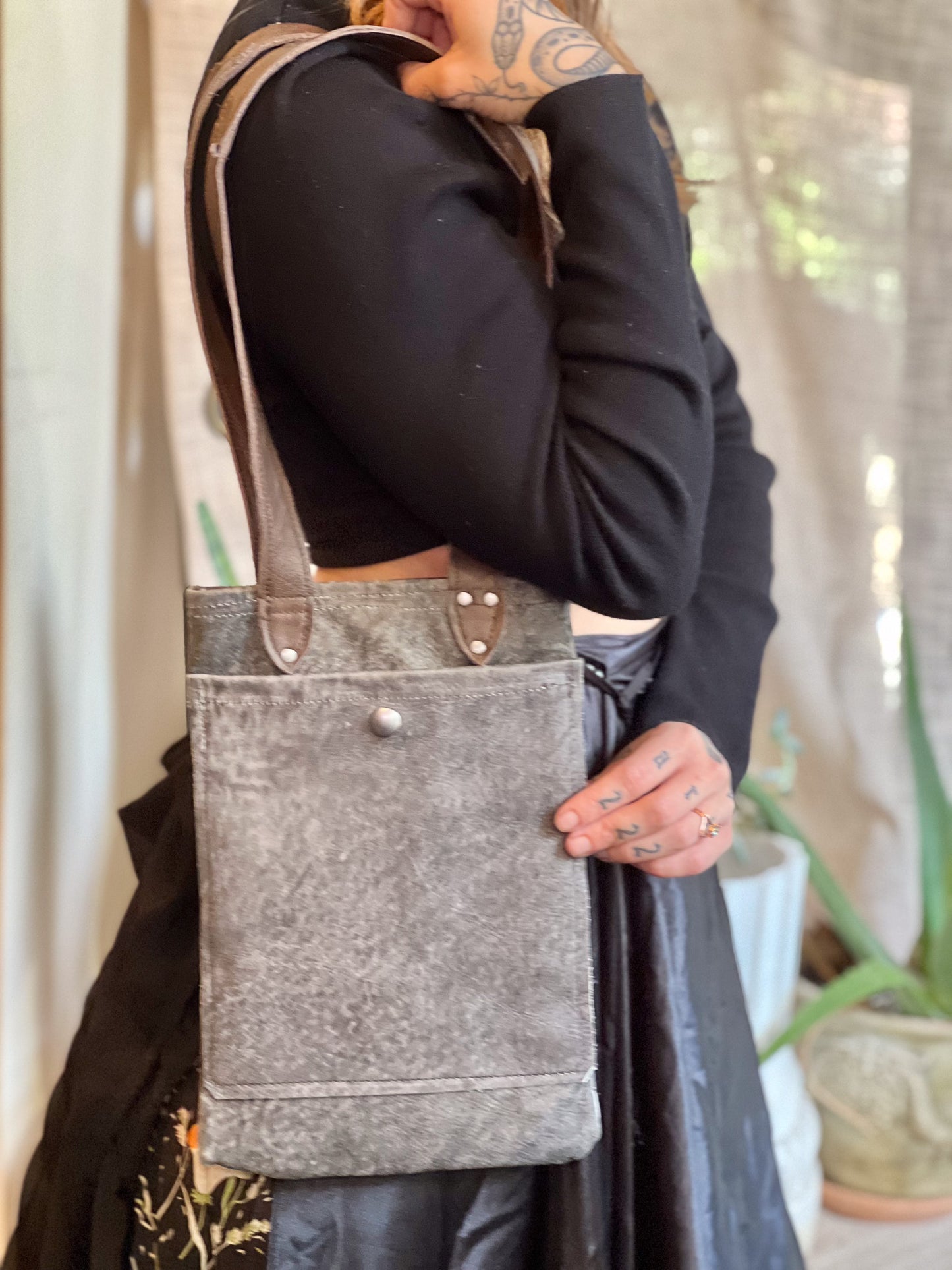 Smokey Grey Leather Mini Tote (Brown Handle)