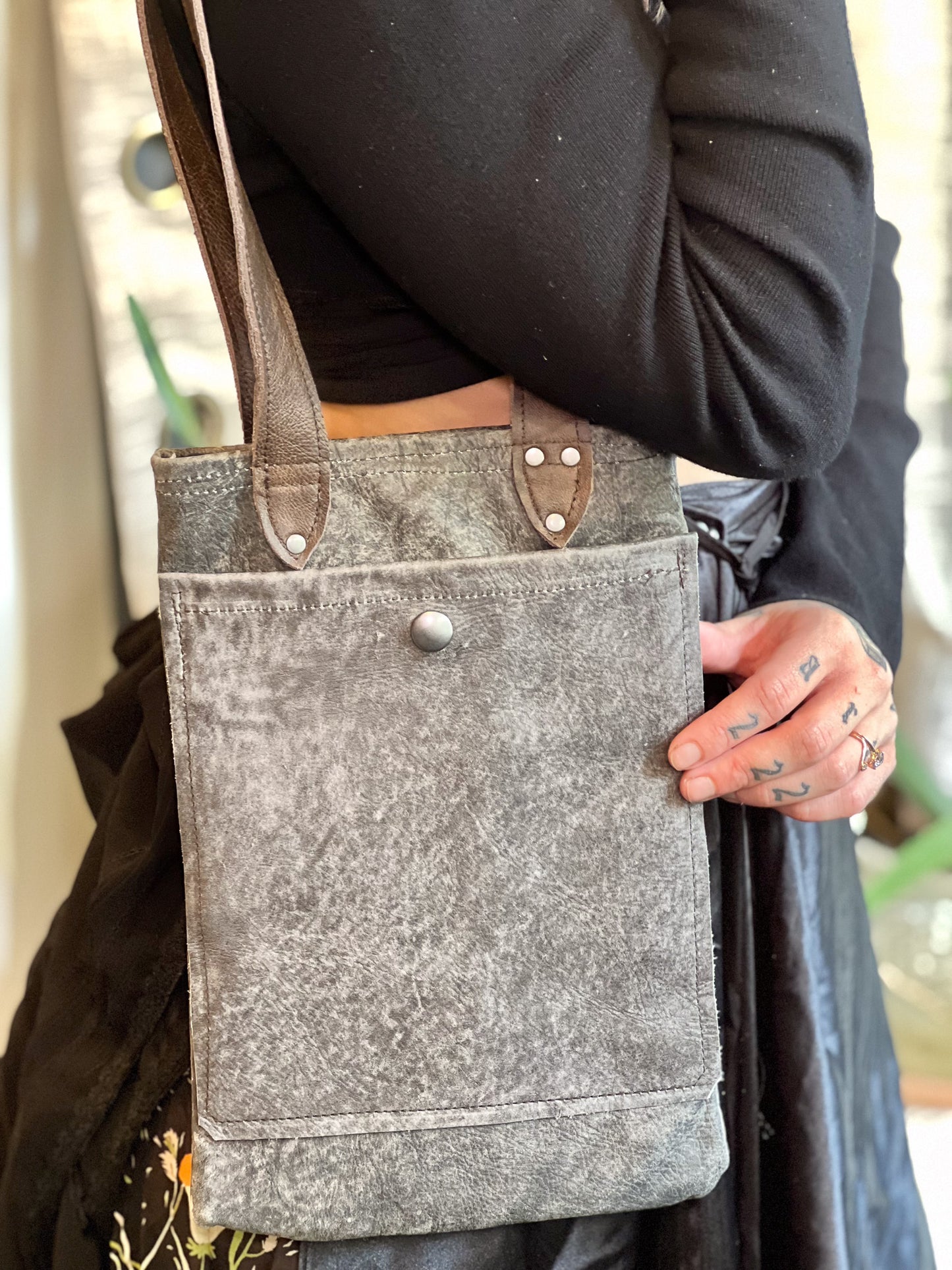 Smokey Grey Leather Mini Tote (Brown Handle)