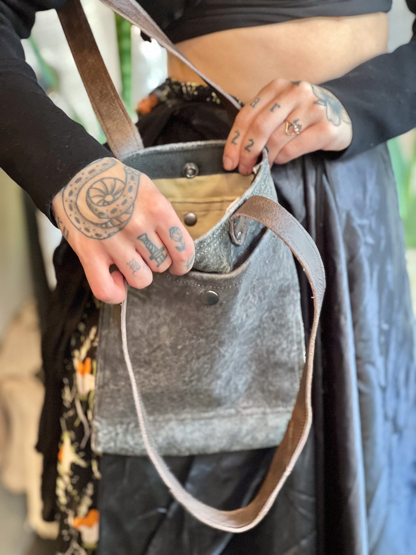 Smokey Grey Leather Mini Tote (Brown Handle)