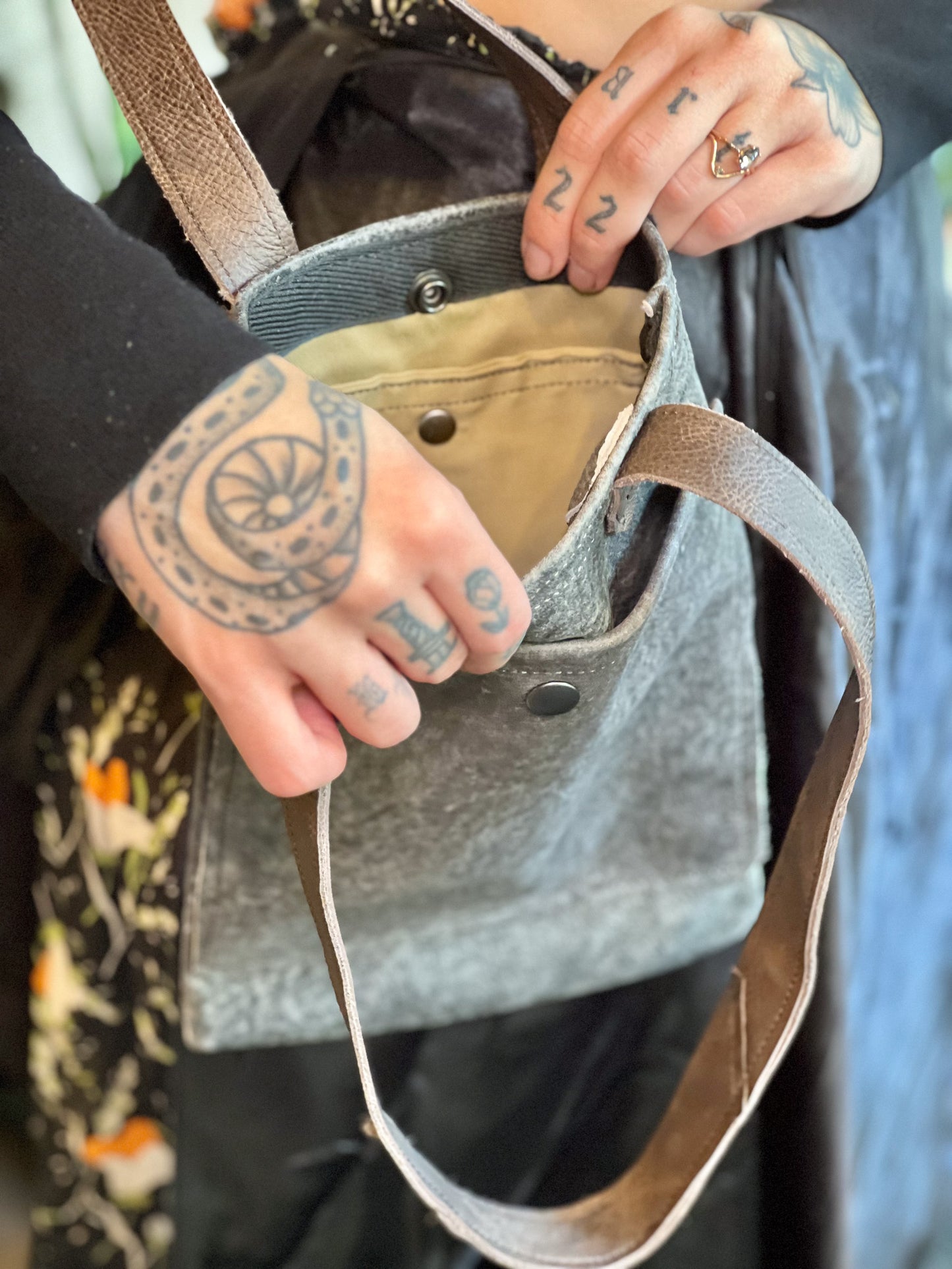 Smokey Grey Leather Mini Tote (Brown Handle)