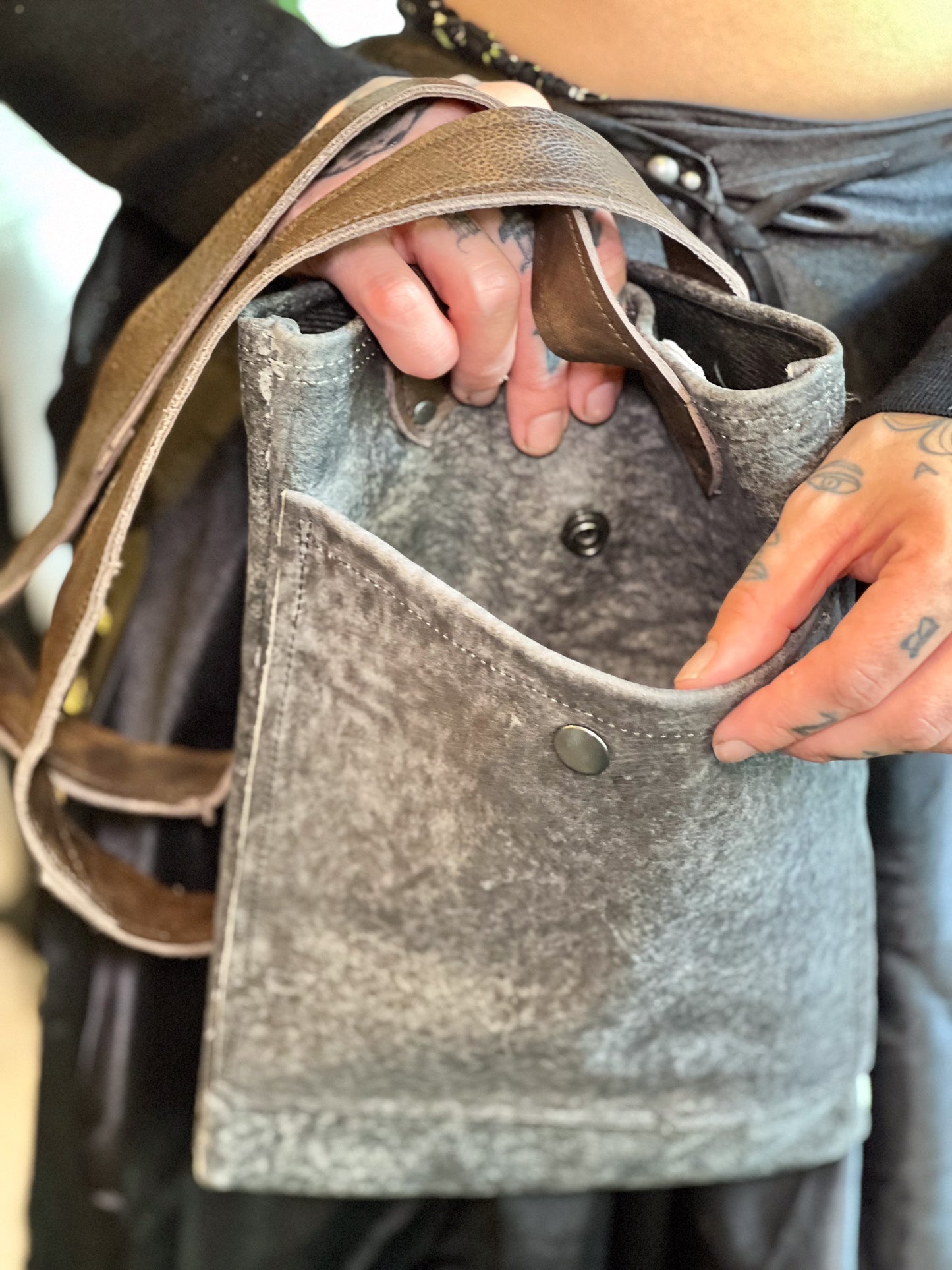 Smokey Grey Leather Mini Tote (Brown Handle)