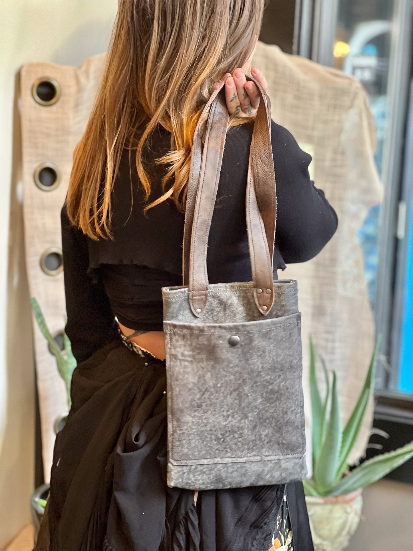 Smokey Grey Leather Mini Tote (Brown Handle)