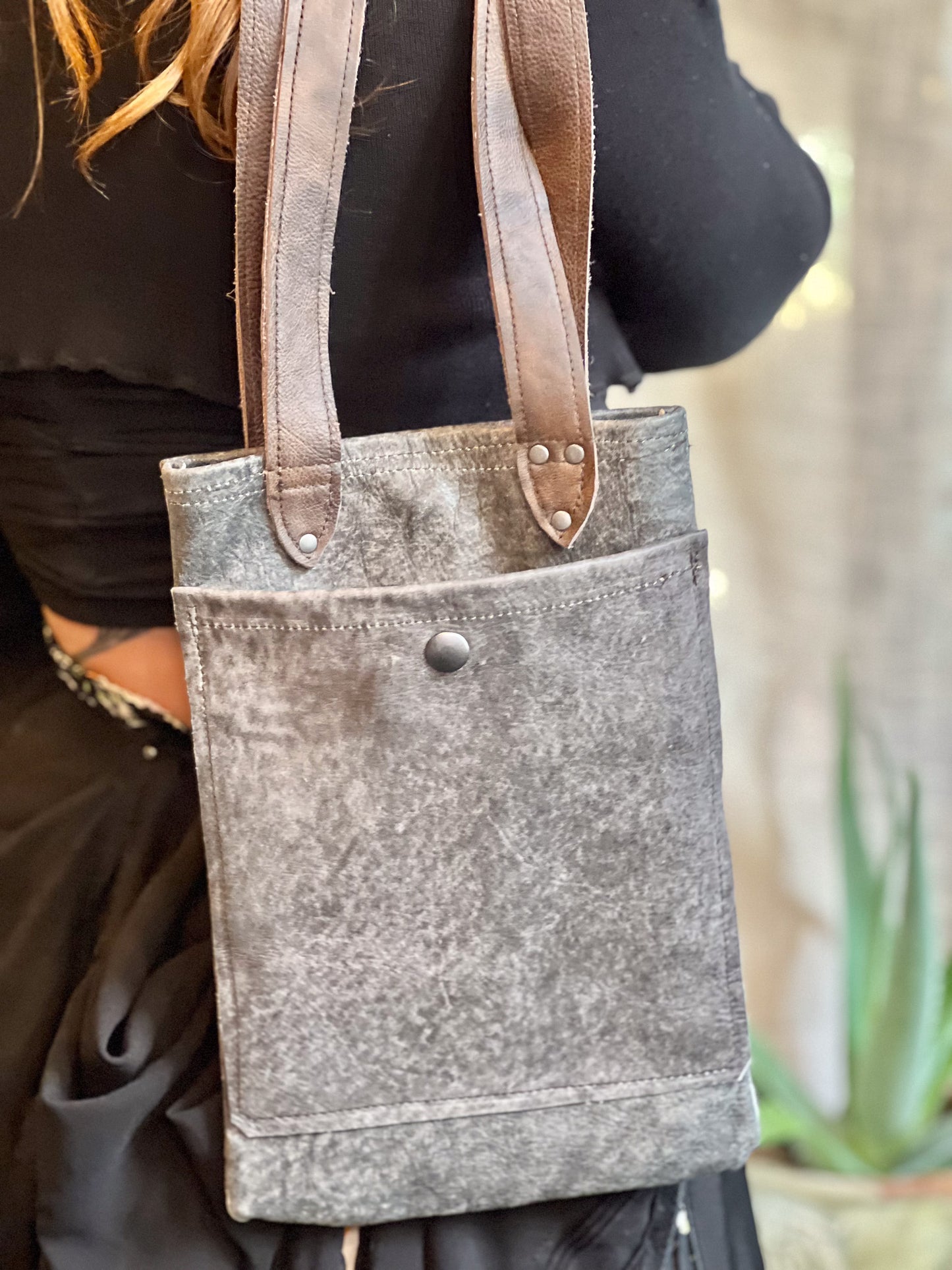 Smokey Grey Leather Mini Tote (Brown Handle)