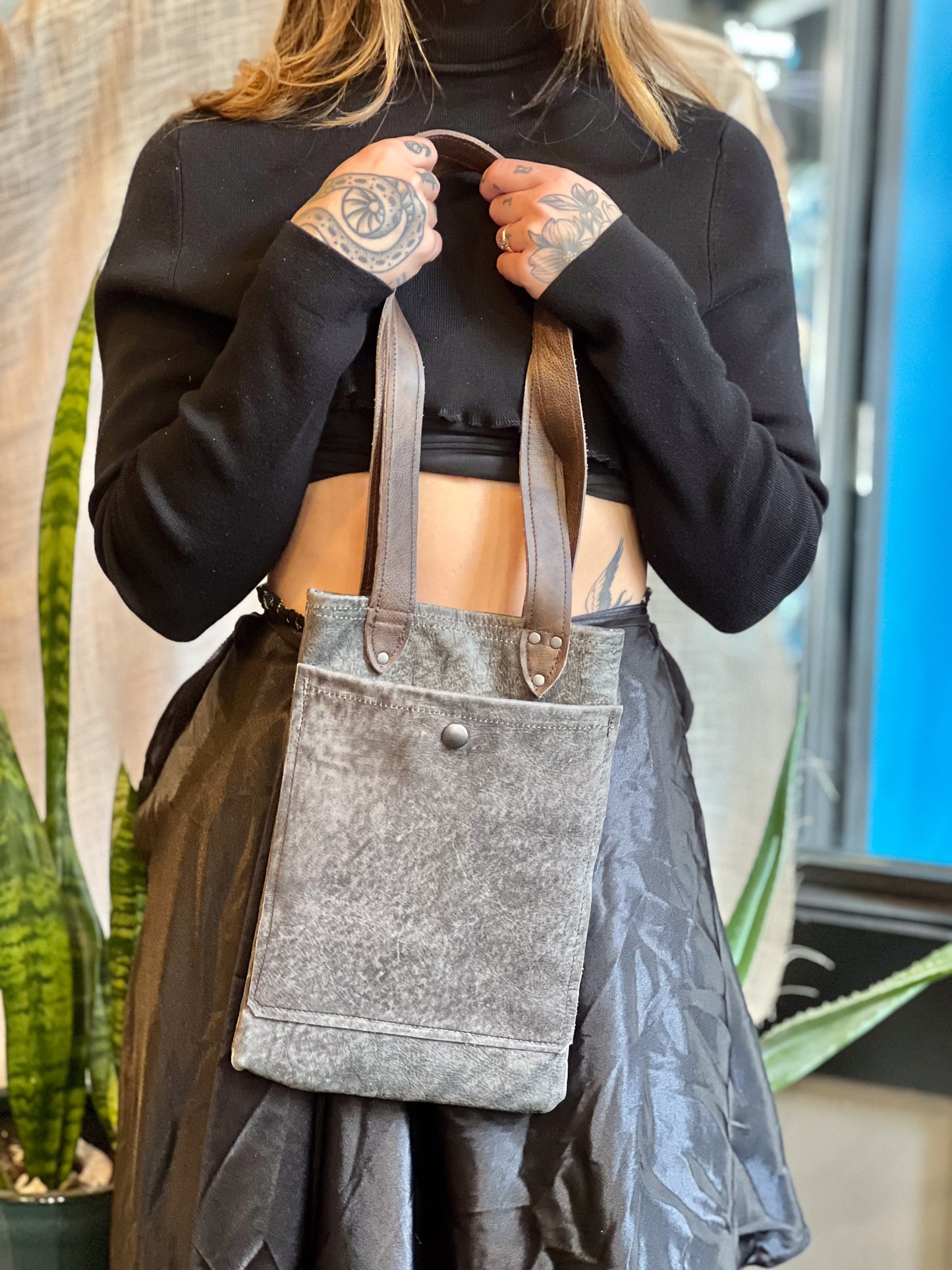 Smokey Grey Leather Mini Tote (Brown Handle)