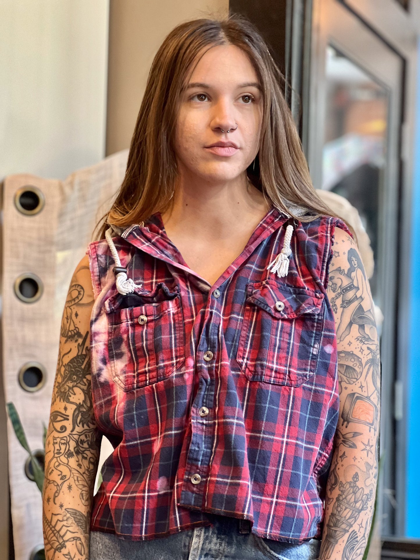 Hooded Red Plaid Sigil Button Up