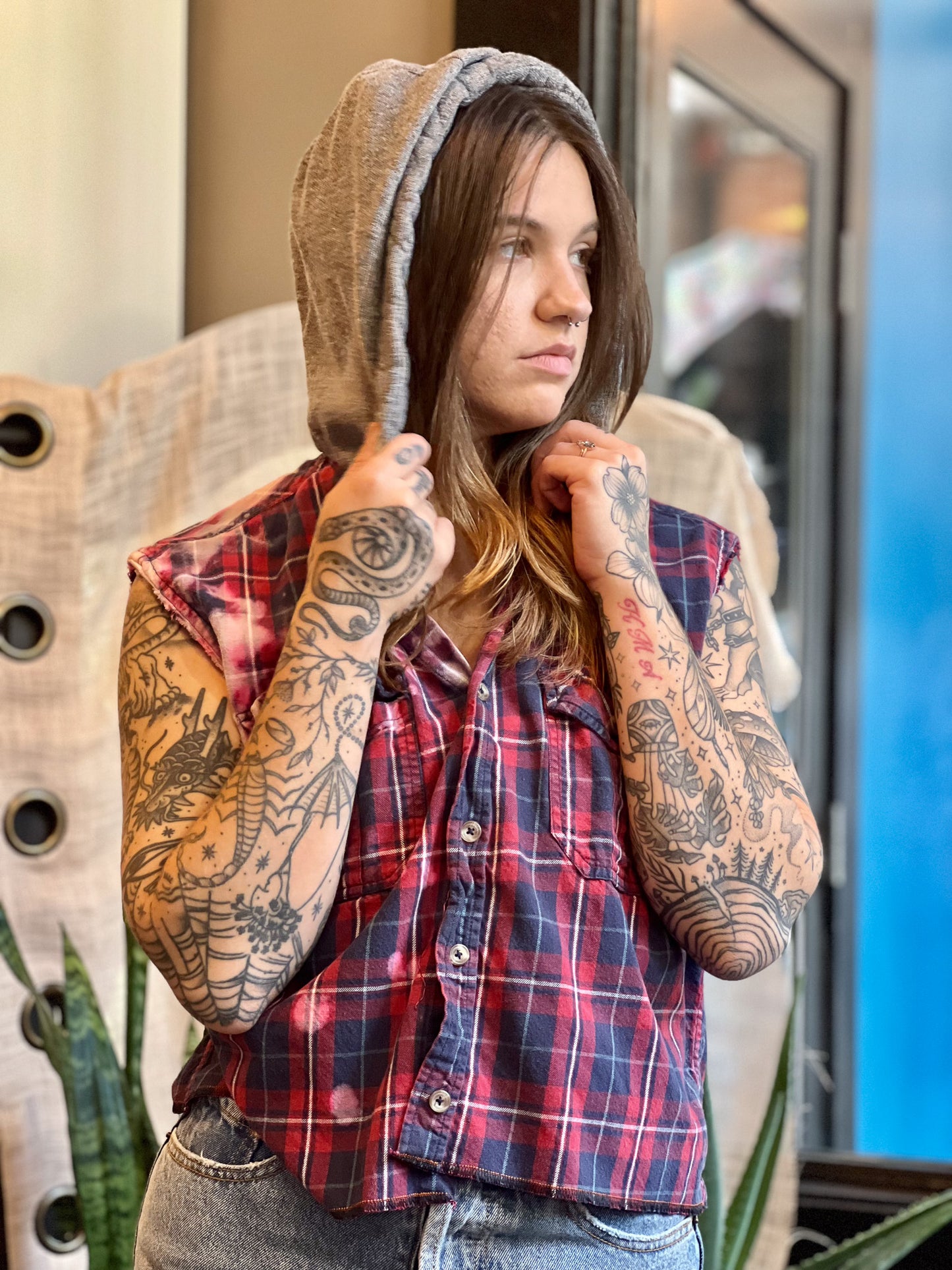 Hooded Red Plaid Sigil Button Up