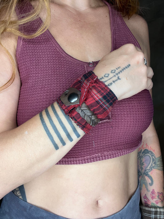 Red Plaid & Brown Leather Cuff