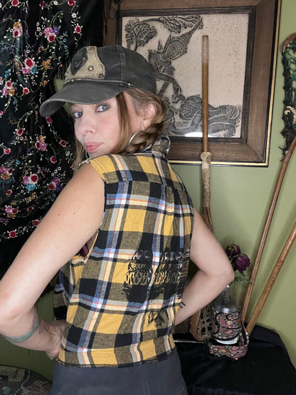 Yellow 'Owl' Print Flannel Cutoff