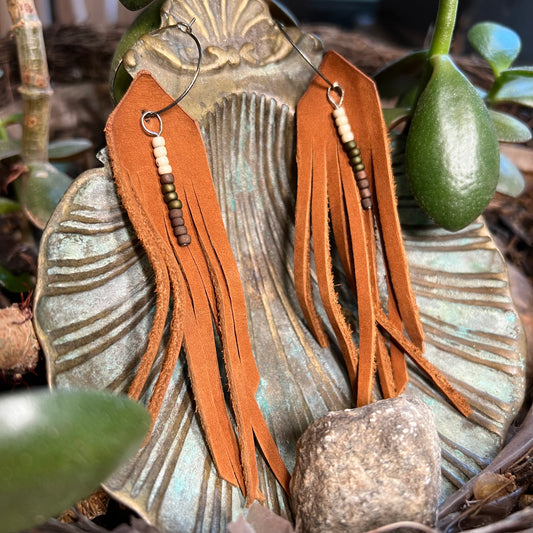 Leather Fringe Earrings w/ Beads