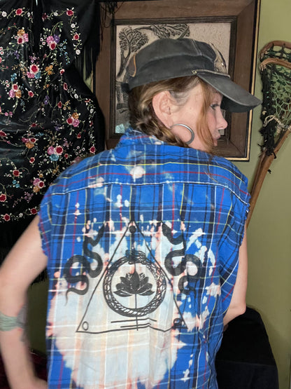 Royal Blue  leached 'Sigil' Print Cutoff Flannel
