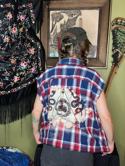 Red & Blue 'sigil' Bleached Sleeveless Flannel