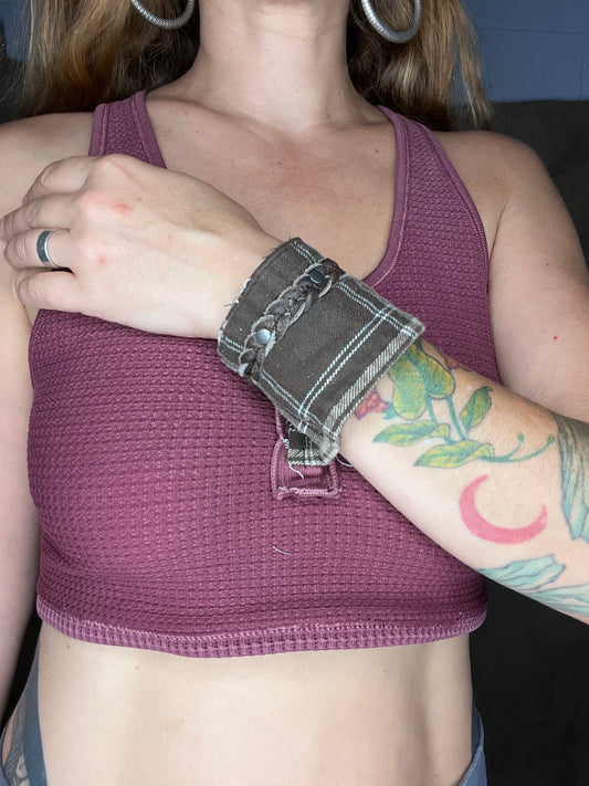 Slate Plaid & Brown Leather Cuff