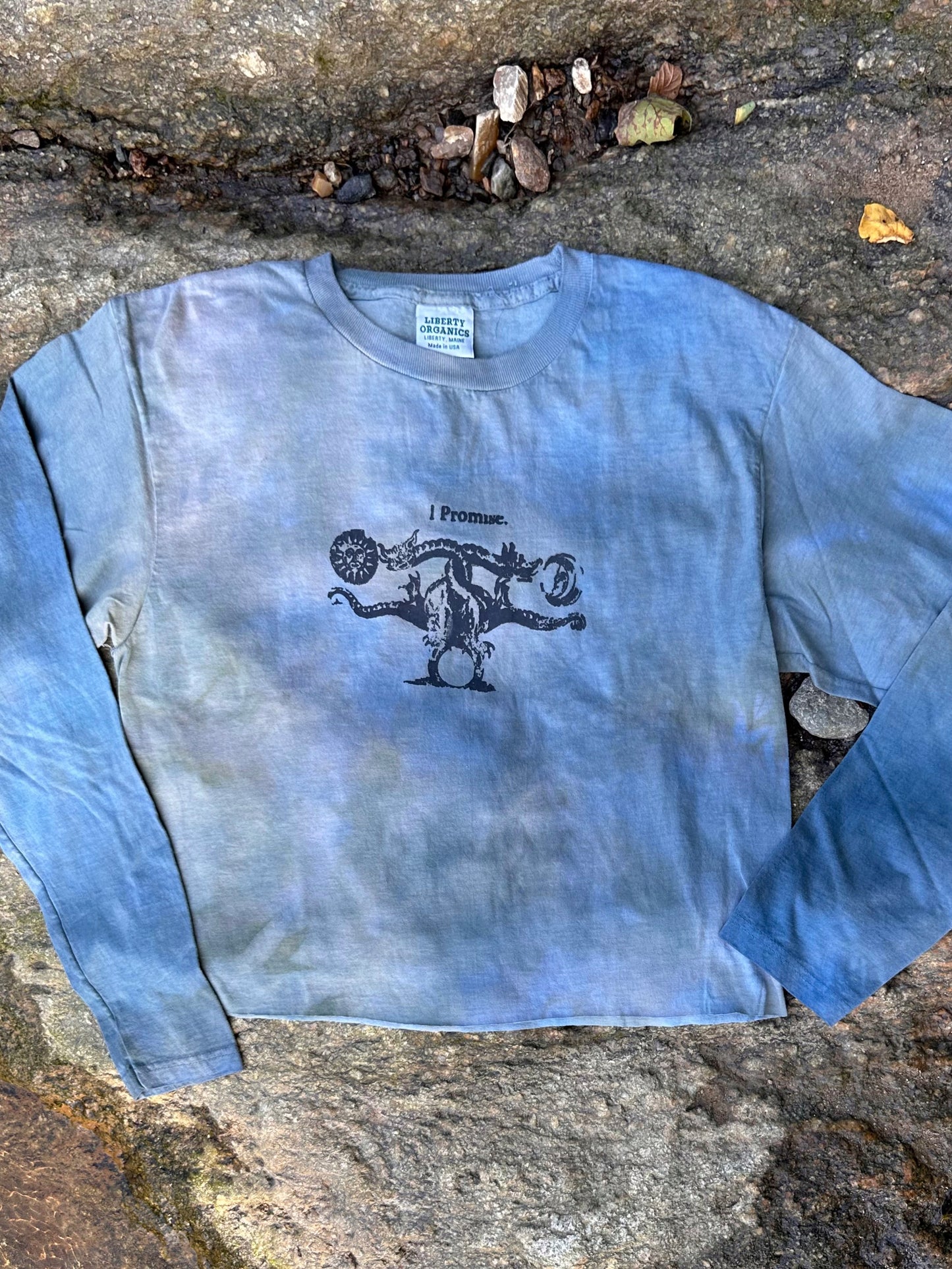 LO - Medium - Dyed Aqua Blue ‘I Promise’ Cropped Long Sleeve Shirt