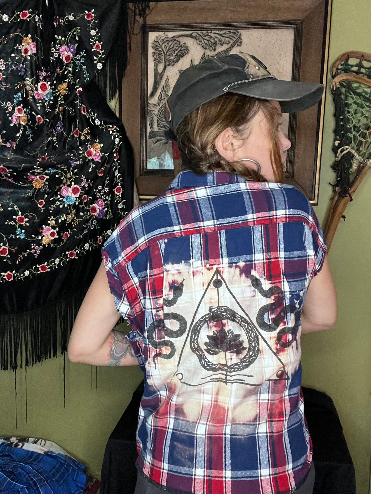 Red & Blue 'sigil' Bleached Sleeveless Flannel