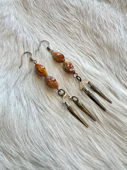 Orange Bead and Brass Dangle Earrings