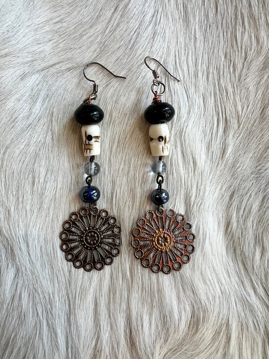 Mandala and Bone Bead Dangle Earrings